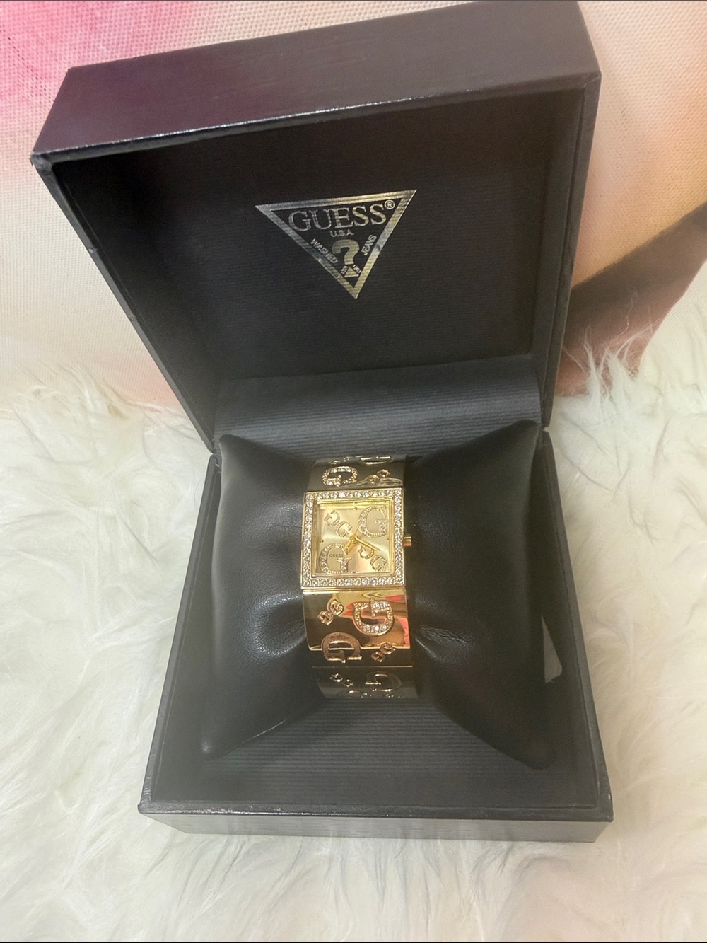 Guess Gold-Tone Logo Cuff Watch with Crystal Accents wide band